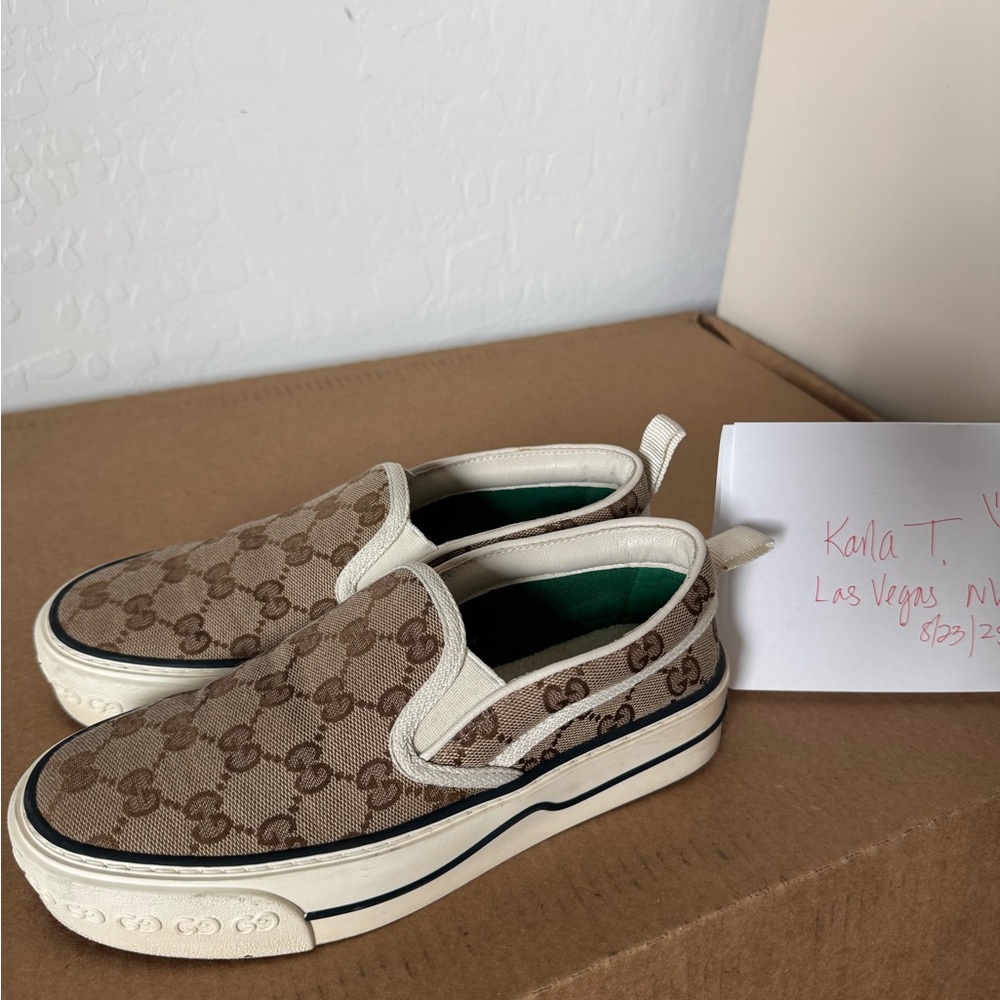 Gucci Women's Tan and Cream Slip-On Sneakers